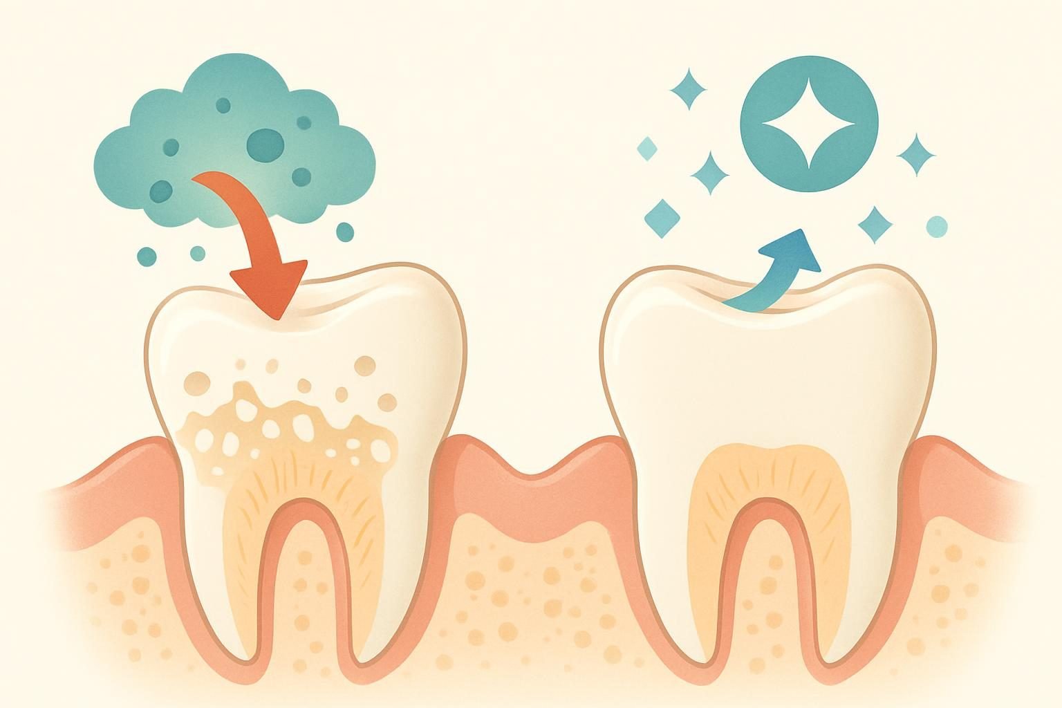 Illustration showing the formation of cavities in a tooth.
