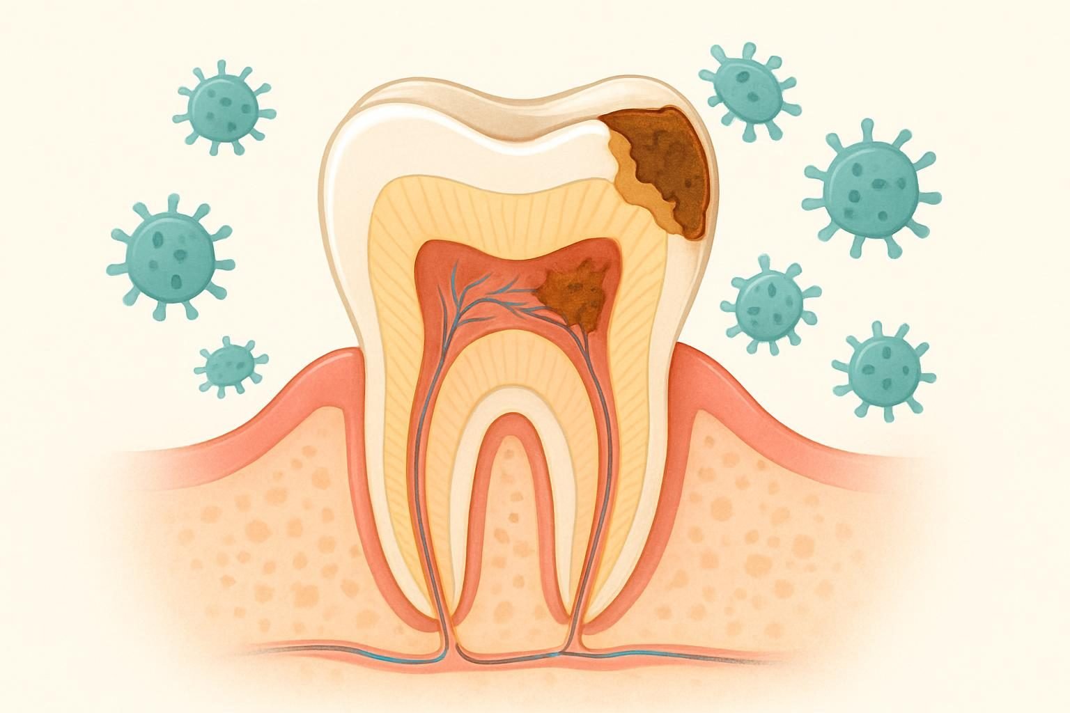 A detailed diagram showing the progression and impact of dental caries on teeth.